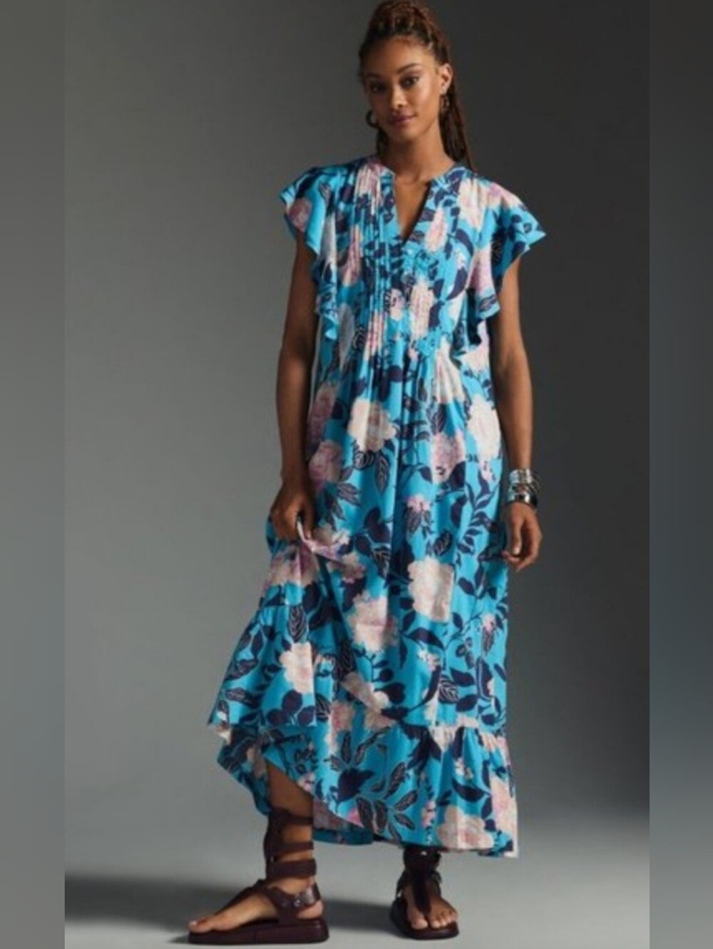 Maeve Anthropologie Cassandra Maxi Dress Blue Floral Pintuck Cotton Modal Long
